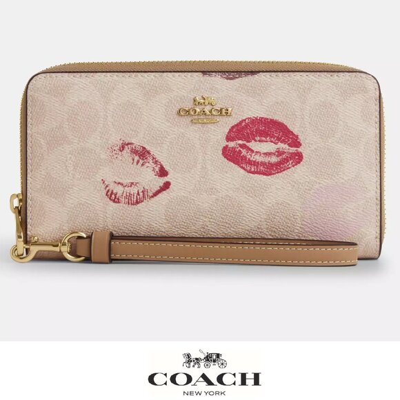 💋 Coach Long Zip Around Wallet In Signature Canvas With Lips Print - Picture 1 of 5